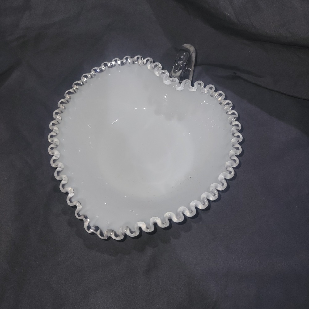 Vintage FENTON Heart Ruffle SILVER CREST Milk Glass Milkglass CANDY DISH Bowl